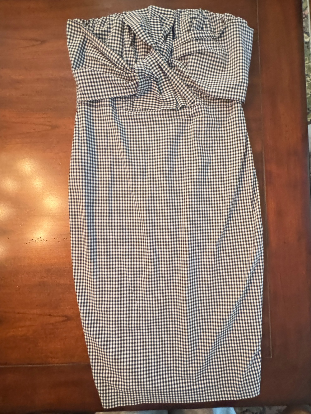 Gingham Strapless Midi Dress Bow Pockets Black White Size L Cotton